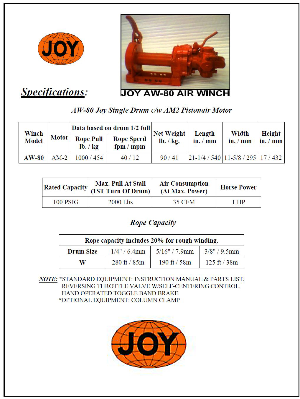 Joy AW80 air tugger winch for sale world wide Joy AW80 air tugger winch for sale