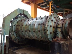 4 ft. dia. x 7 ft. Hardinge Rod Mill. Single Piece Steel Shell. Babbit Bearings & Sole Plates. 75 HP Drive Motor.