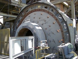 Used Sag Mill. 20 ft. x 7 ft. Long. 800 HP. Steel Lined. Inching Drive.