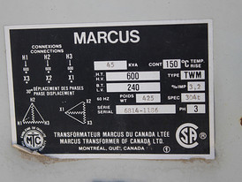 45 KVA 600 - 240 Volt 3 Phase Marcus Transformer For Sale