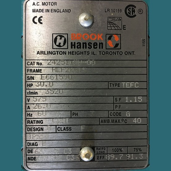 Brook Hansen 30 HP TEFC Electric Motor