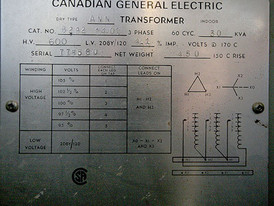 30 KVA 600 - 208Y/120 Volt 3 Phase Indoor Dry C.G.E. Transformer For Sale