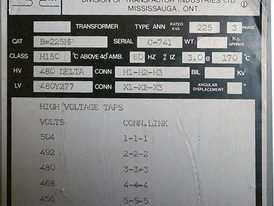 225 KVA 480  - 480Y/277 Volt 3 Phase Indoor Dry Rex Manf. Transformer