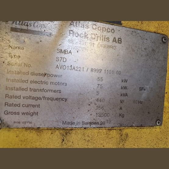 2012 Epiroc Atlas Copco Simba S7D Long-hole Production Drill Rig