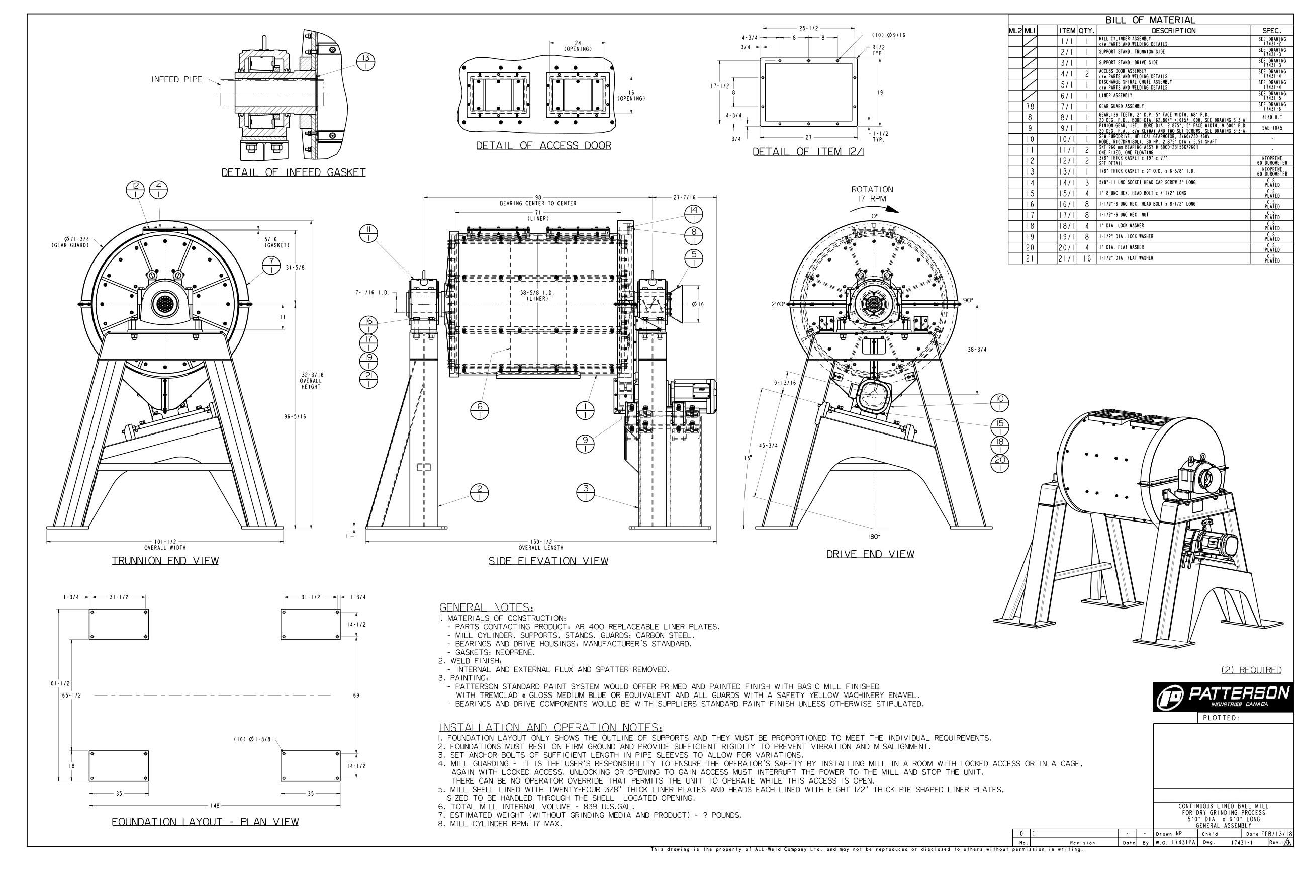 Patterson 5 ft. Dia. x 6 ft. Long Ball Mills